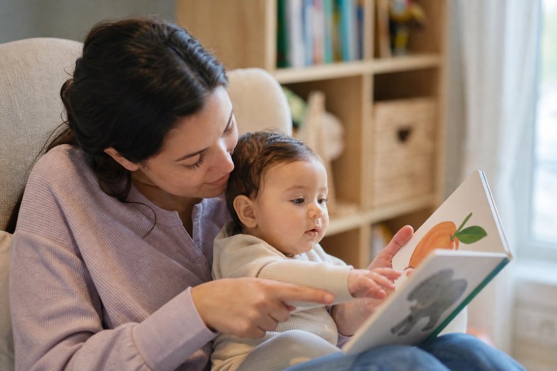 When Do Babies Start Understanding Books? caregiver reads a board book to a baby on their lap