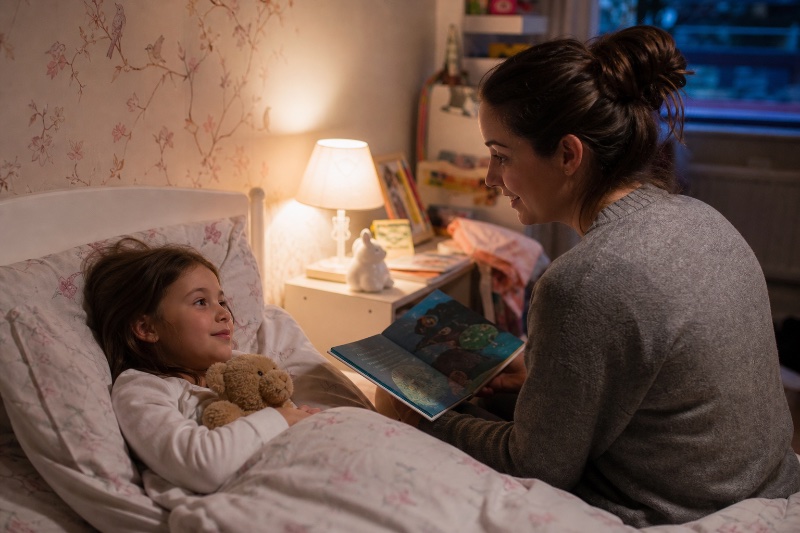 Bedtime stories for kids with a caregiver reading beside a child tucked in bed