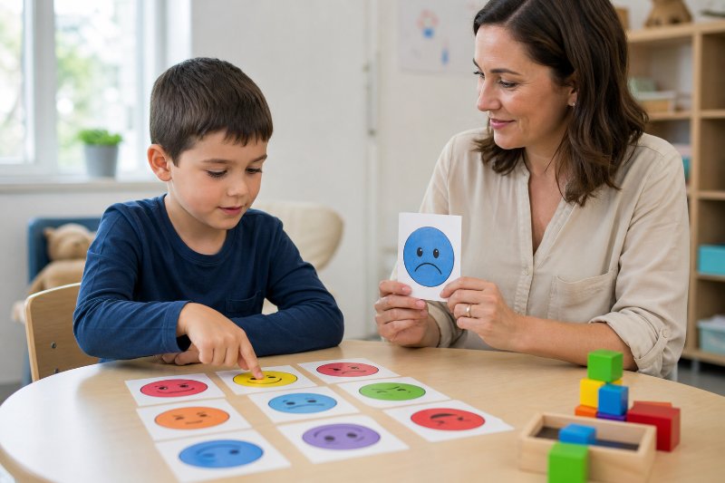 Social and emotional learning for kids with a child using emotion cards at a table