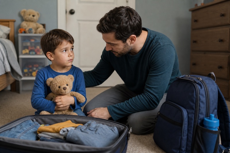 Parent helps child prepare emotionally for changes in a blog post scene with suitcase and backpack