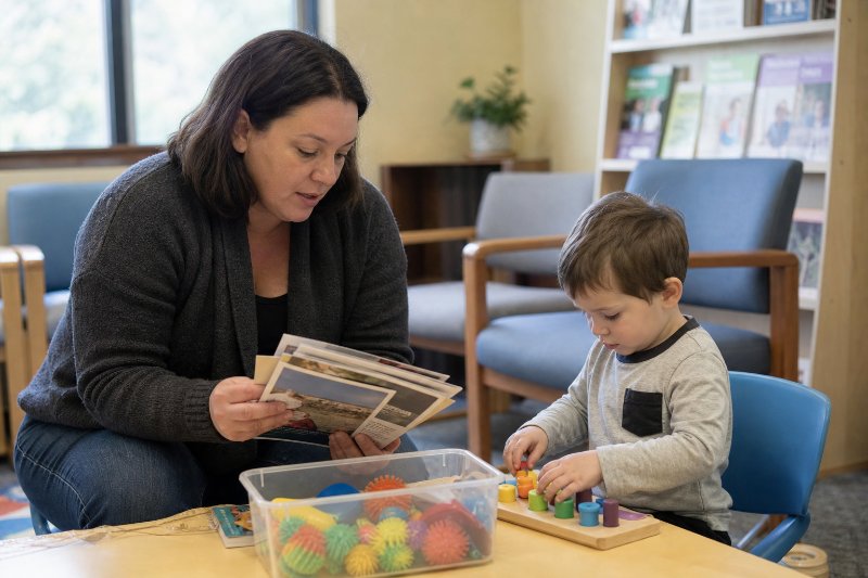 parenting resources Portland Oregon in a family resource center with caregiver and child