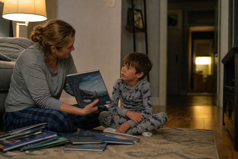 Caregiver choosing calming Portland bedtime stories for kids with an alert child