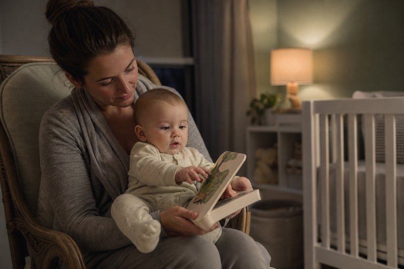 Caregiver reading bedtime stories for infants in Portland in a softly lit nursery