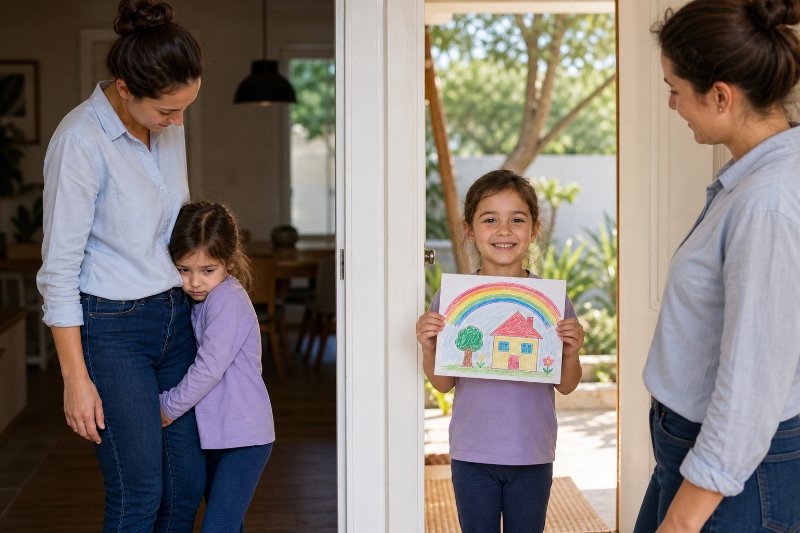 Emotional intelligence vs regulation shown in a child shifting from shy to proud beside a caregiver