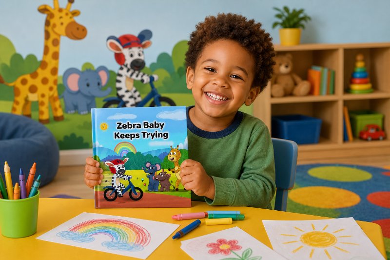 Child celebrates trying again with the new book released today called Zebra Baby Keeps Trying