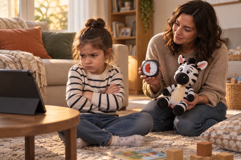 Parent supporting a child through screen time and emotional development during a tablet transition
