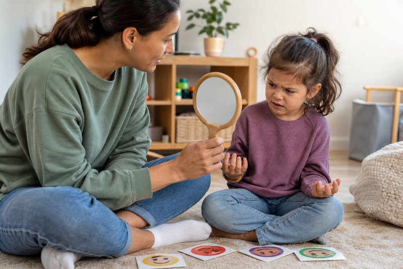 Parent and preschooler using feeling cards to build emotional vocabulary before 5 for a blog post